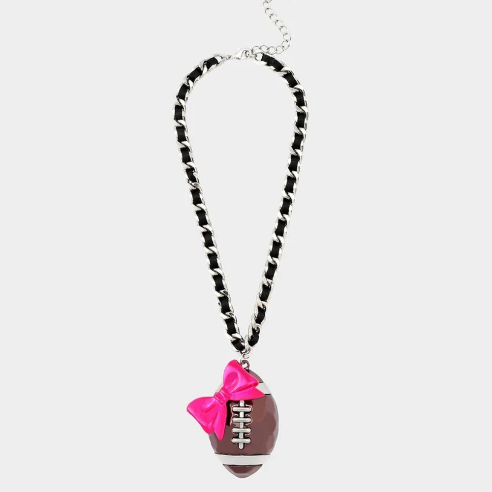 NWT$98 BETSEY JOHNSON Ribbon Football Pendant Pink Bow Necklace Cheer Super Bowl